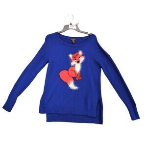 Copper Key Cute Fuzzy Fox Blue High-Low Sweater Women's L Side Slits 100% Cotton